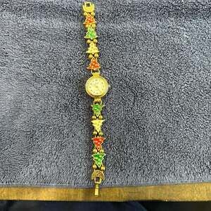 Vintage Christmas Tree Enamel Watch Gold Tone Festive Holiday Jewelry
